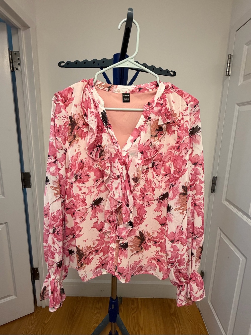 SHEIN Pink Floral Ruffle Tie-Front Blouse